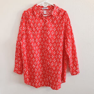 Roamans Plus Size 1X Blouse Button Up Long Sleeve Red White Design